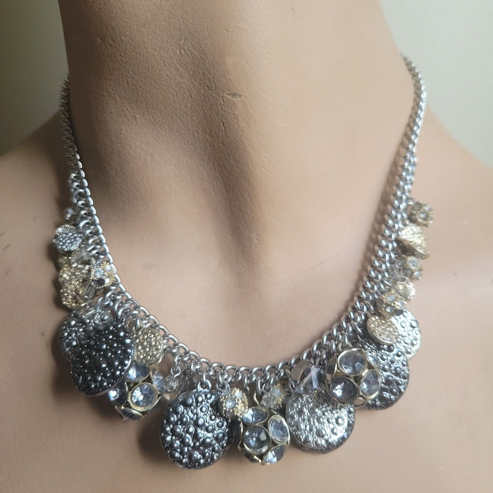 Ann Taylor Loft Silver Gold Tone Crystal Charm Statement Necklace